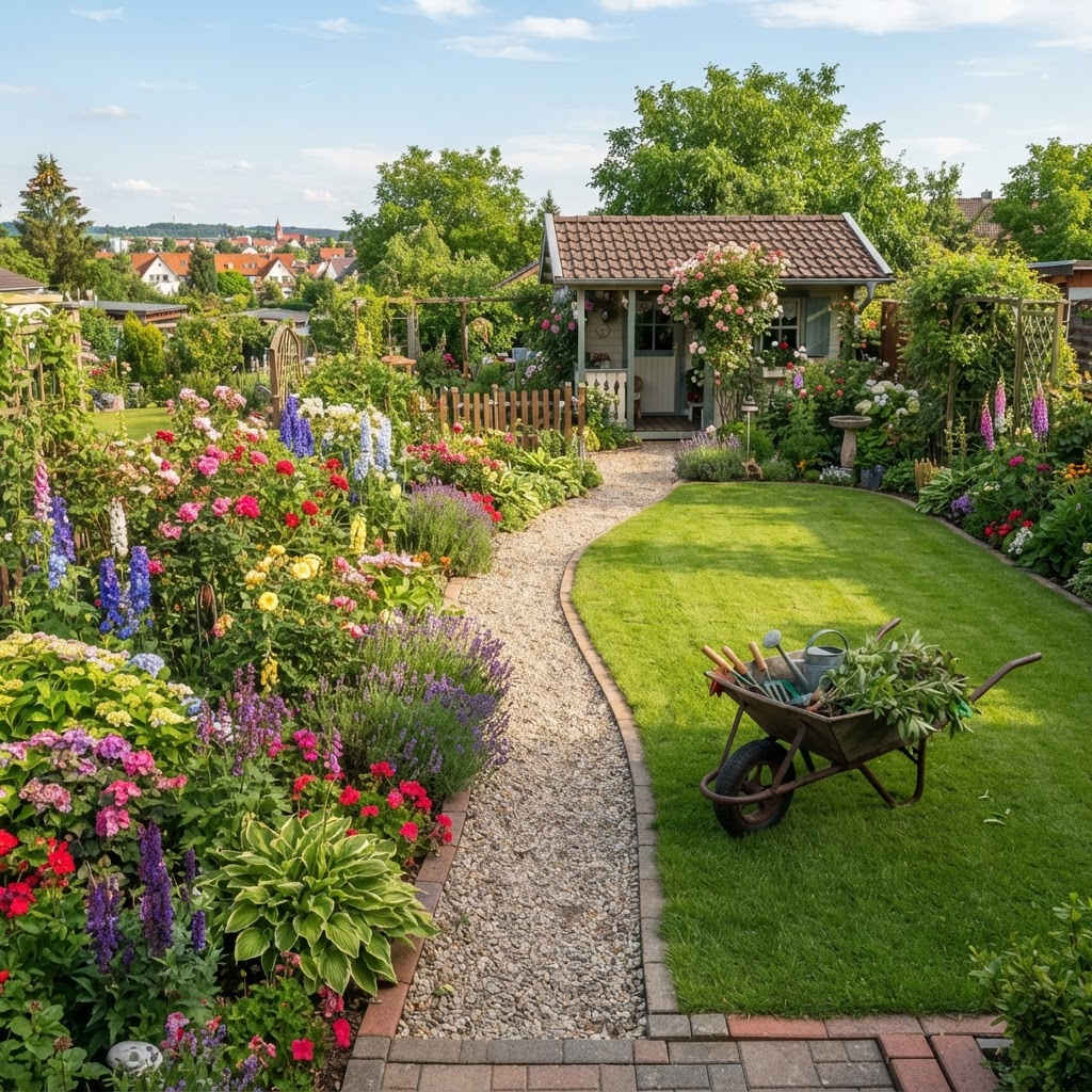 Gepflegte Blumenbeete und sauber abgetrennter Rasen
