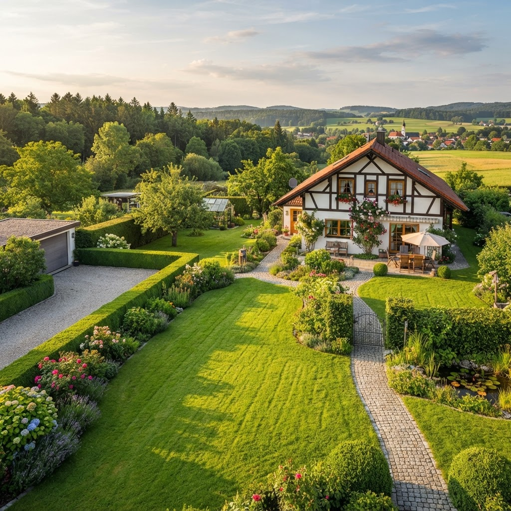 Gepflegter Garten mit frisch gemähtem Rasen und ordentlichen Hecken vor einem Wohnhaus
