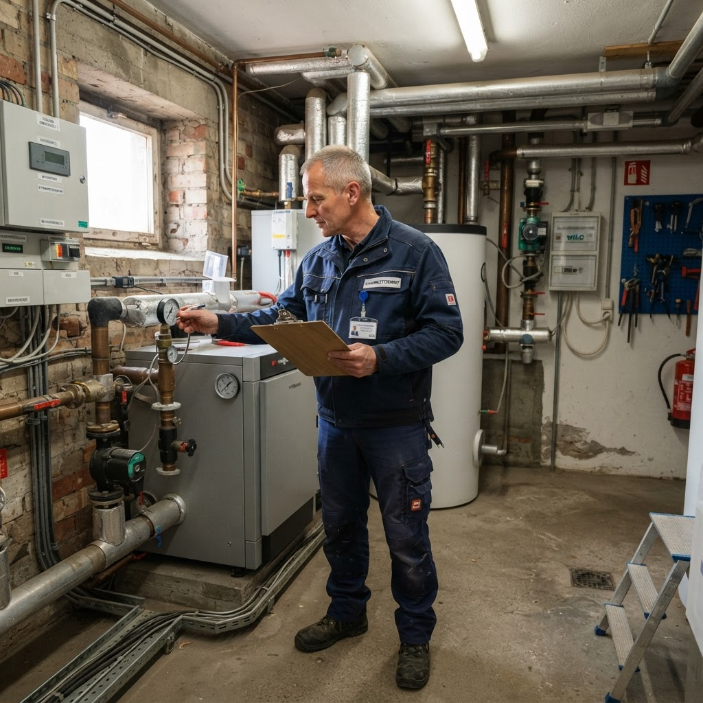 Hausmeister kontrolliert die Haustechnik eines Gebäudes