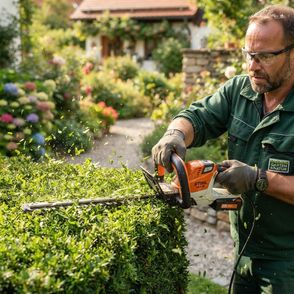 Gärtner schneidet eine Hecke in einem sonnigen Garten